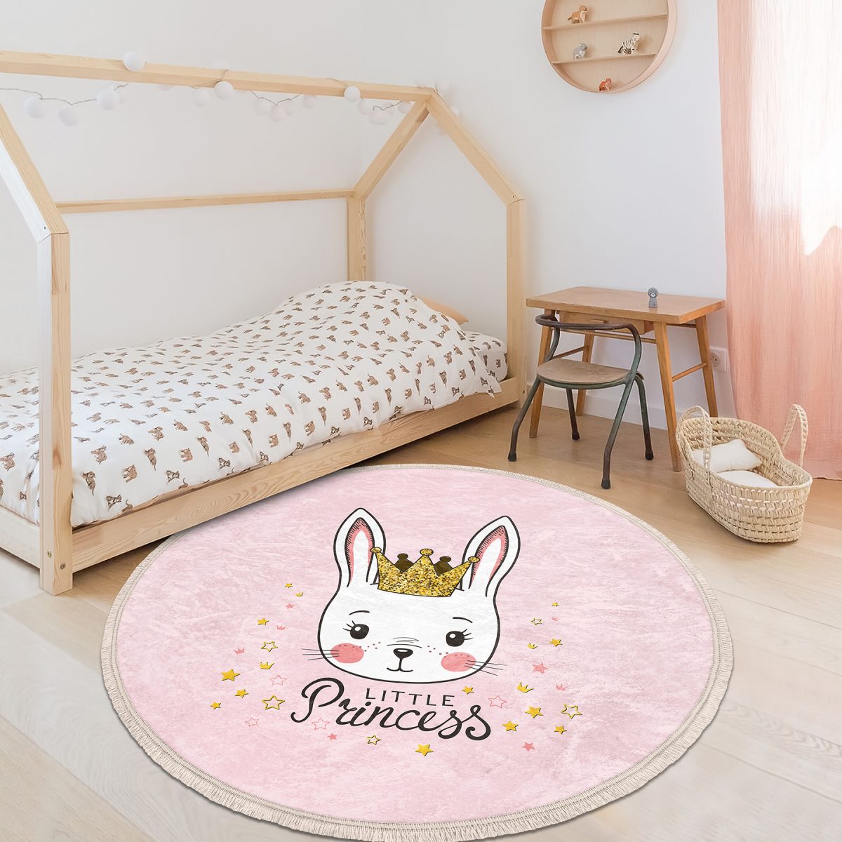 Pembe Zeminli Little Princess Desenli Çocuk & Genç Odası Makinede Yıkanabilir Kaymaz Tabanlı Püsküllü Yuvarlak Çocuk Halısı Realhomes