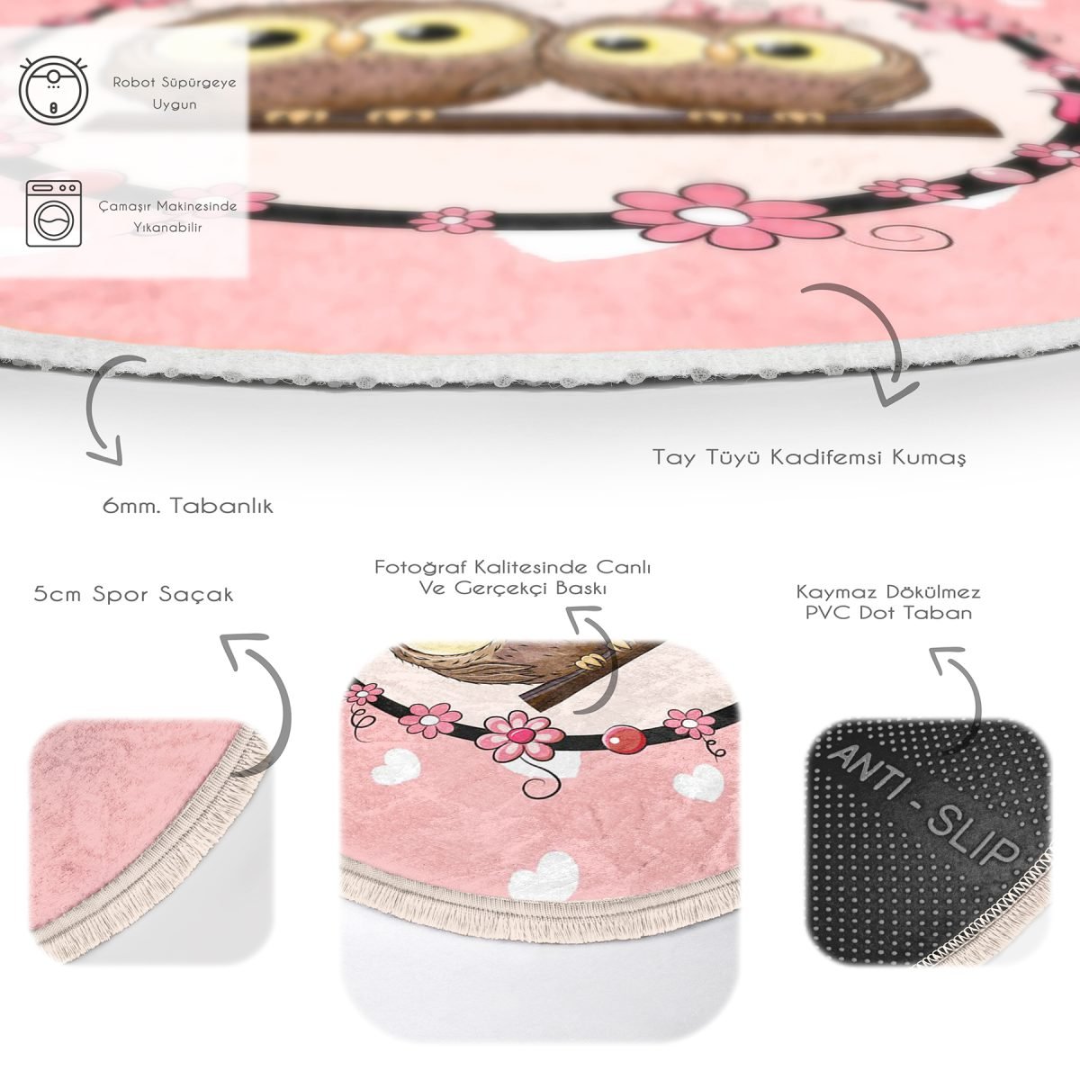Baykuş Resimli Çocuk & Genç Odası Makinede Yıkanabilir Kaymaz Tabanlı Püsküllü Yuvarlak Çocuk Halısı Realhomes
