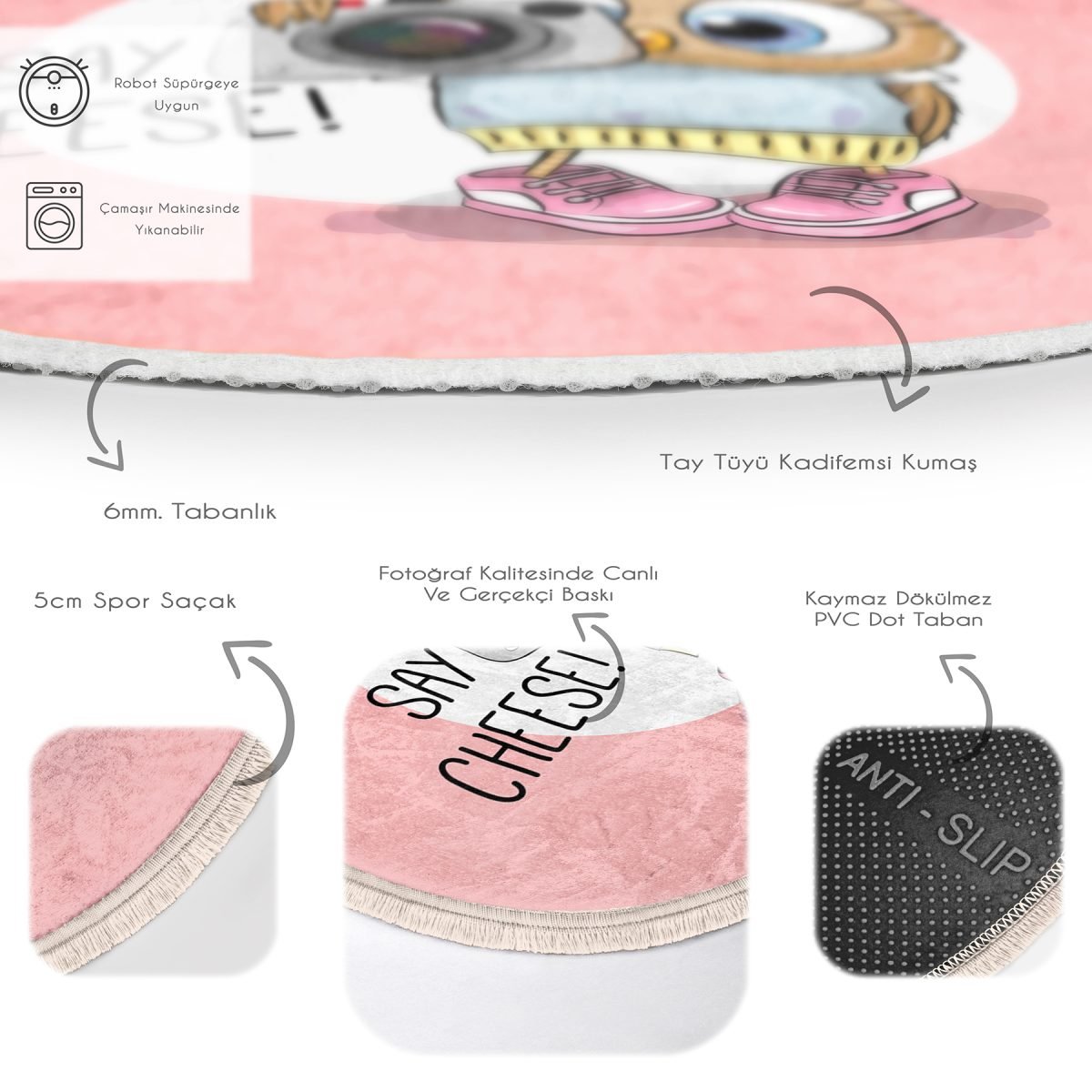 Sevimli Baykuş Çocuk & Genç Odası Makinede Yıkanabilir Kaymaz Tabanlı Püsküllü Yuvarlak Çocuk Halısı Realhomes