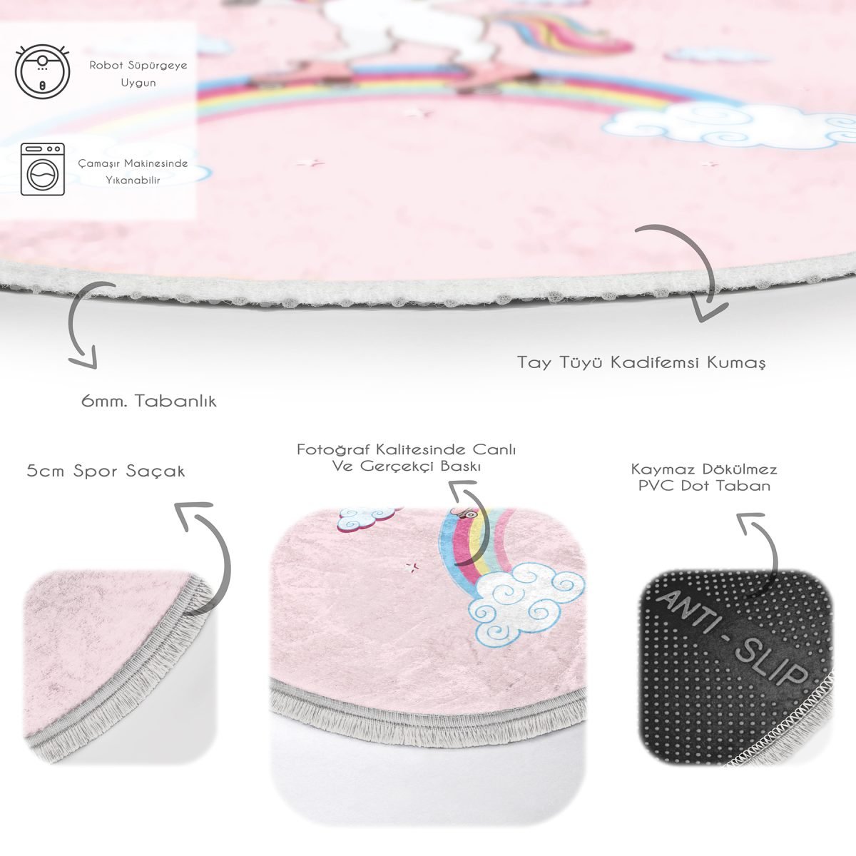 Pembe Zeminde Unicorn At Desenli Çocuk & Genç Odası Makinede Yıkanabilir Kaymaz Tabanlı Püsküllü Yuvarlak Çocuk Halısı Realhomes