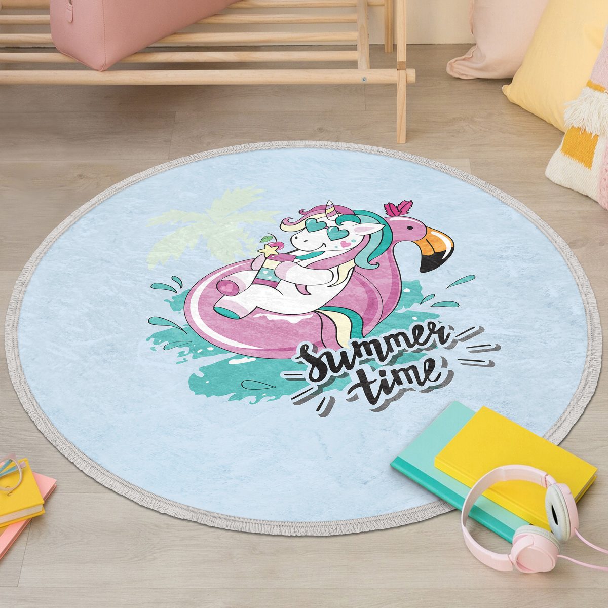 Mavi Zemin Flamingo Unicorn Temalı Çocuk & Genç Odası Makinede Yıkanabilir Kaymaz Tabanlı Püsküllü Yuvarlak Çocuk Halısı Realhomes