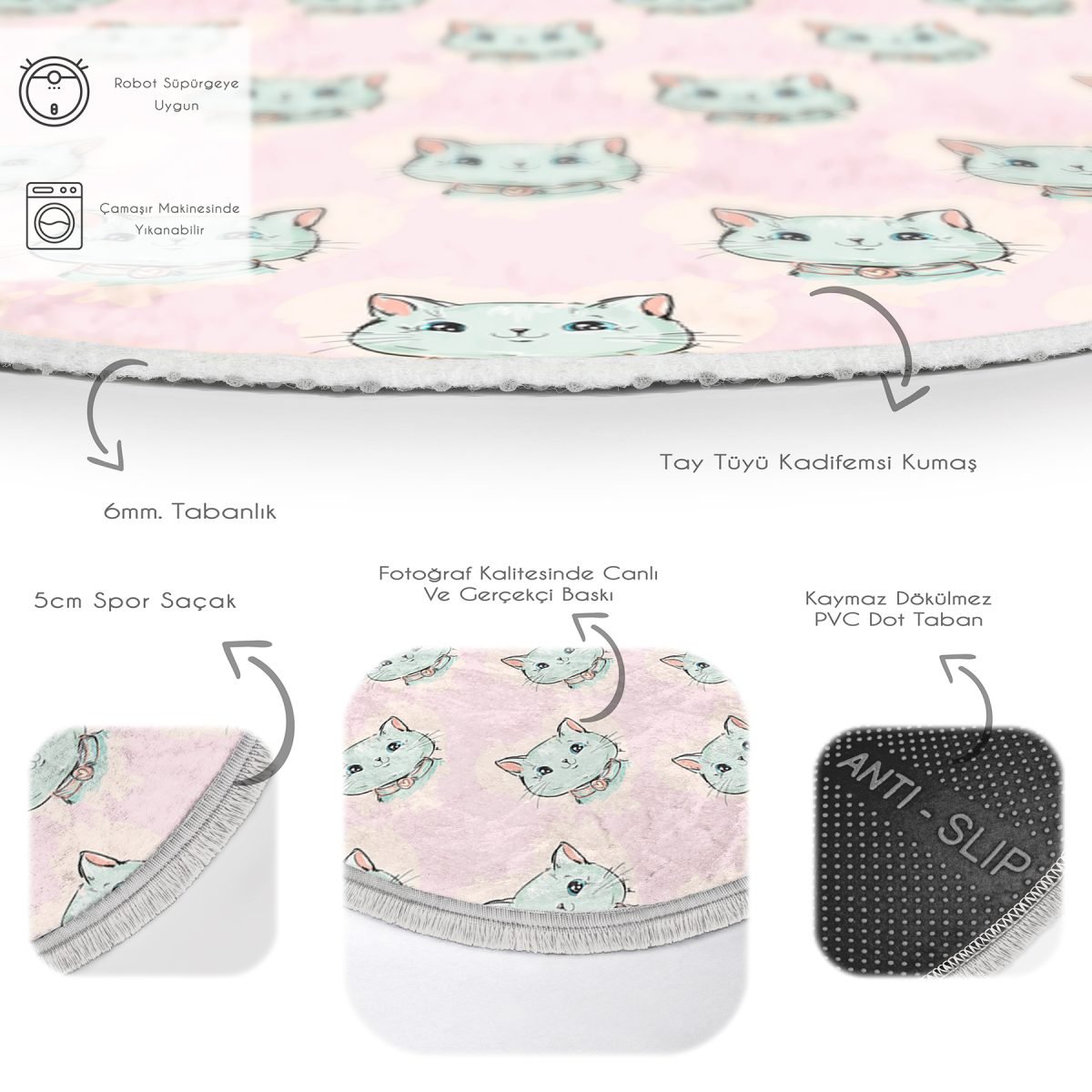 Pembe Zeminde Kedi Desenli Çocuk & Genç Odası Makinede Yıkanabilir Kaymaz Tabanlı Püsküllü Yuvarlak Çocuk Halısı Realhomes