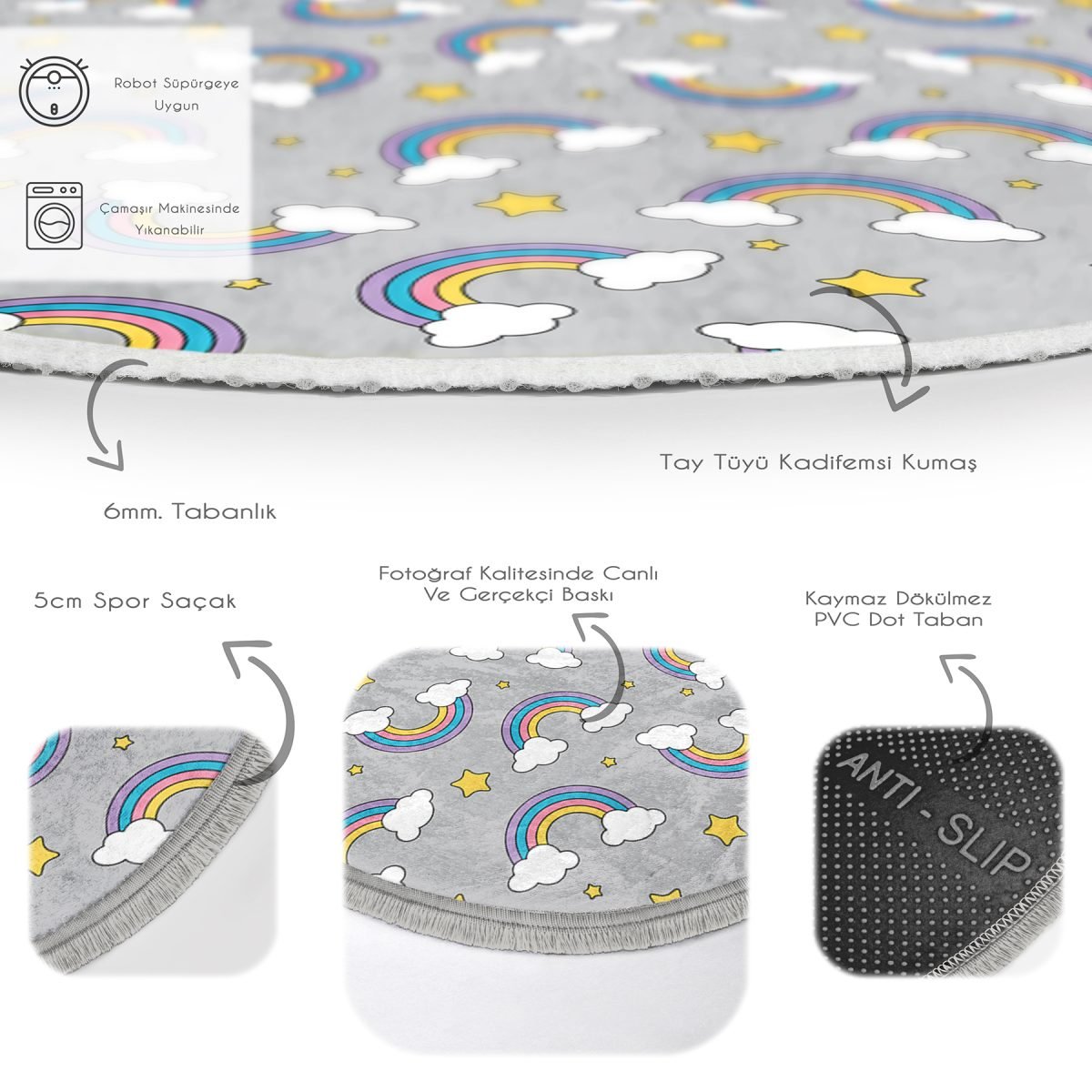 Gri Zeminde Gökkuşağı Çocuk & Genç Odası Makinede Yıkanabilir Kaymaz Tabanlı Püsküllü Yuvarlak Çocuk Halısı Realhomes