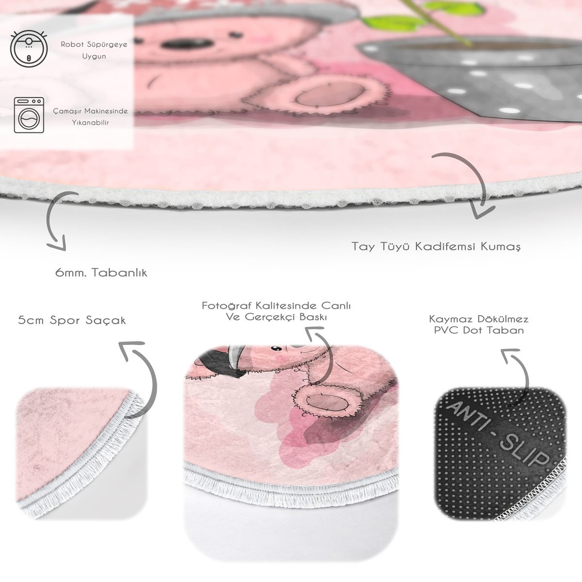 Çiçek Saksısı Ve Sevimli Ayıcık Desenli Çocuk & Genç Odası Makinede Yıkanabilir Kaymaz Tabanlı Püsküllü Yuvarlak Çocuk Halısı Realhomes