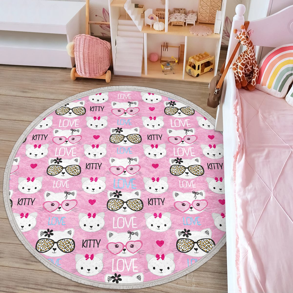 Hello Kitty Motifli Çocuk & Genç Odası Makinede Yıkanabilir Kaymaz Tabanlı Püsküllü Yuvarlak Çocuk Halısı Realhomes