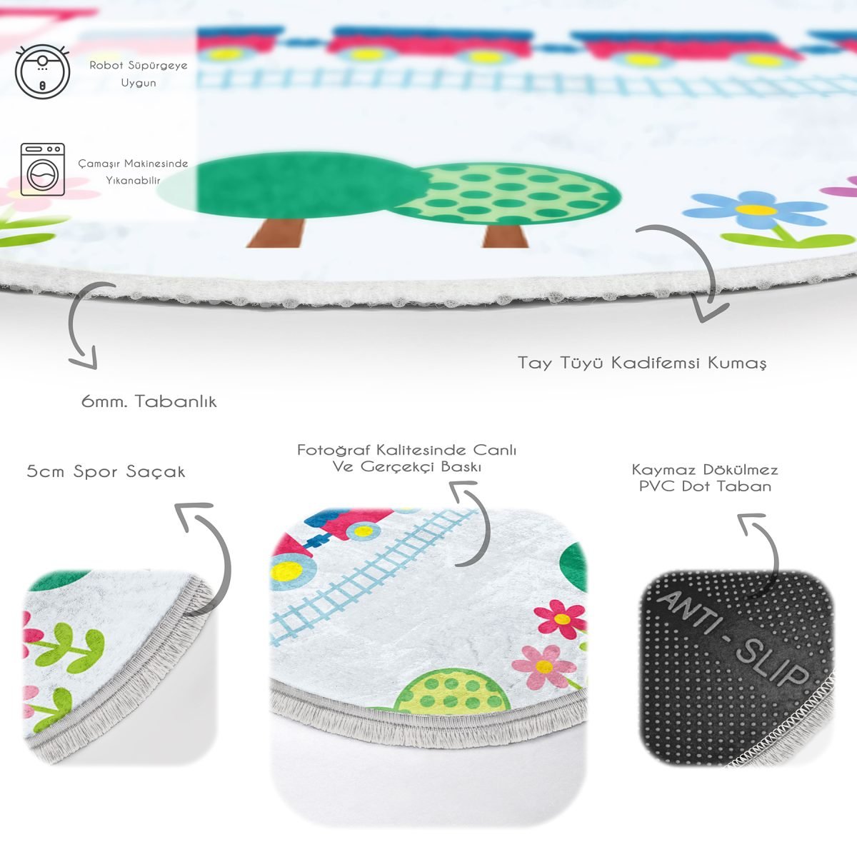 Tren Ve Ağaç Figürlü Çocuk Desenli Çocuk & Genç Odası Makinede Yıkanabilir Kaymaz Tabanlı Püsküllü Yuvarlak Çocuk Halısı Realhomes