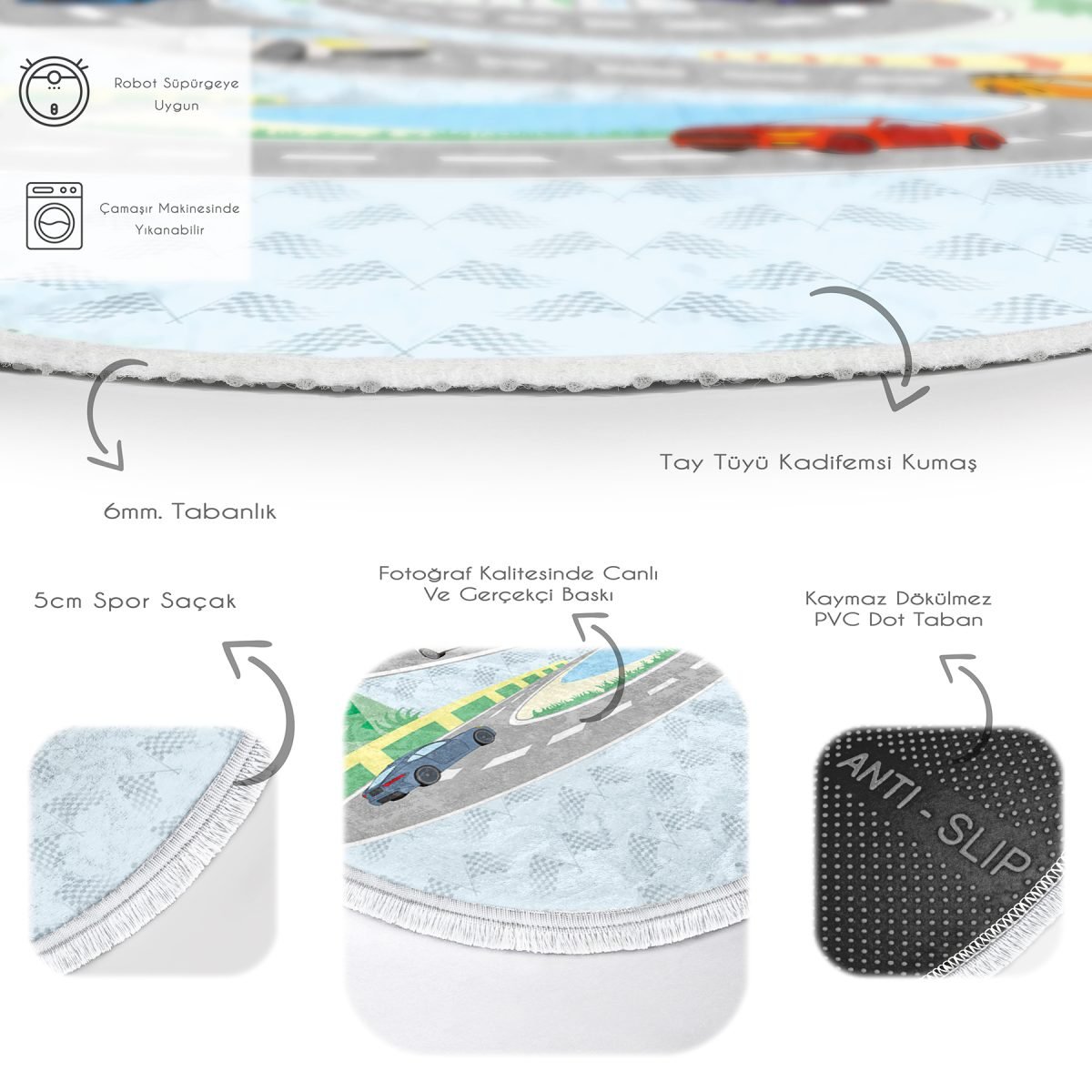 Yarış Arabası Figürlü Çocuk Desenli Çocuk & Genç Odası Makinede Yıkanabilir Kaymaz Tabanlı Püsküllü Yuvarlak Çocuk Halısı Realhomes