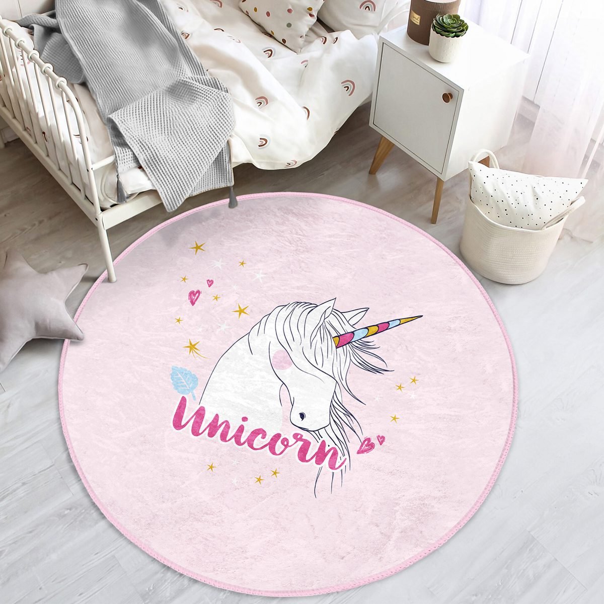 Pembe Zeminli Unicorn At Desenli Çocuk & Genç Odası Makinede Yıkanabilir Kaymaz Tabanlı Yuvarlak Çocuk Halısı Realhomes