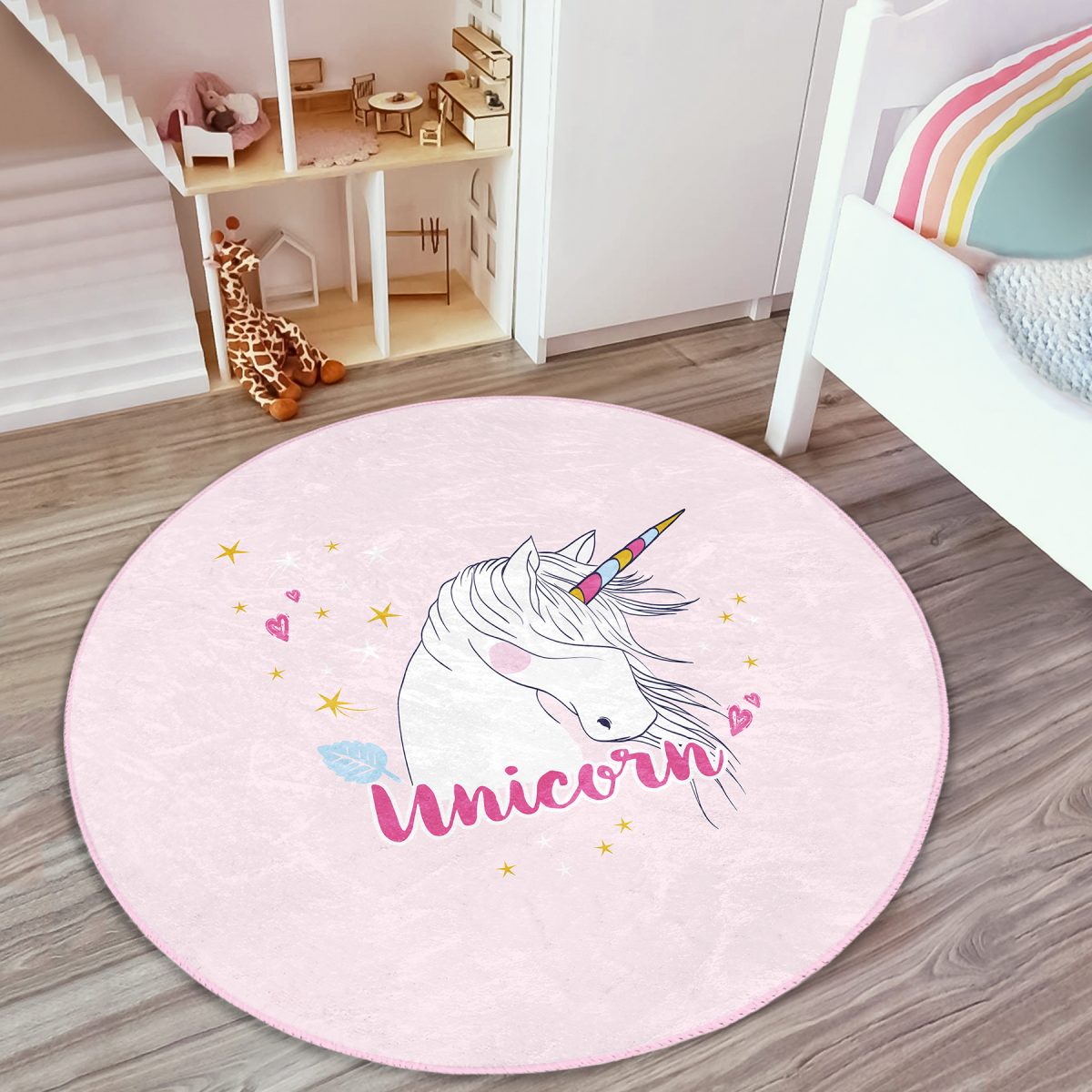 Pembe Zeminli Unicorn At Desenli Çocuk & Genç Odası Makinede Yıkanabilir Kaymaz Tabanlı Yuvarlak Çocuk Halısı Realhomes