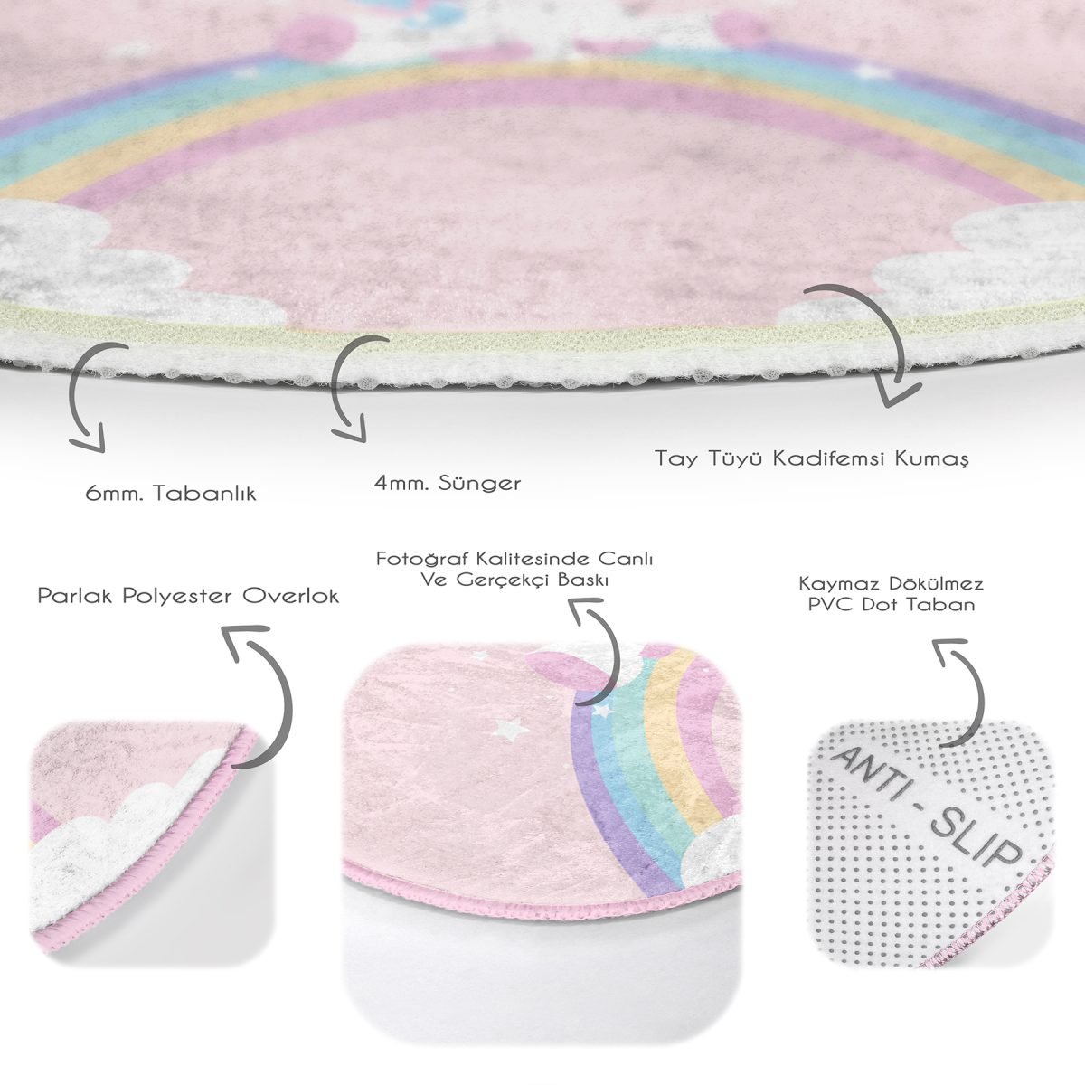 Pembe Zeminde Unicorn Tasarımlı Çocuk & Genç Odası Makinede Yıkanabilir Kaymaz Tabanlı Yuvarlak Çocuk Halısı Realhomes