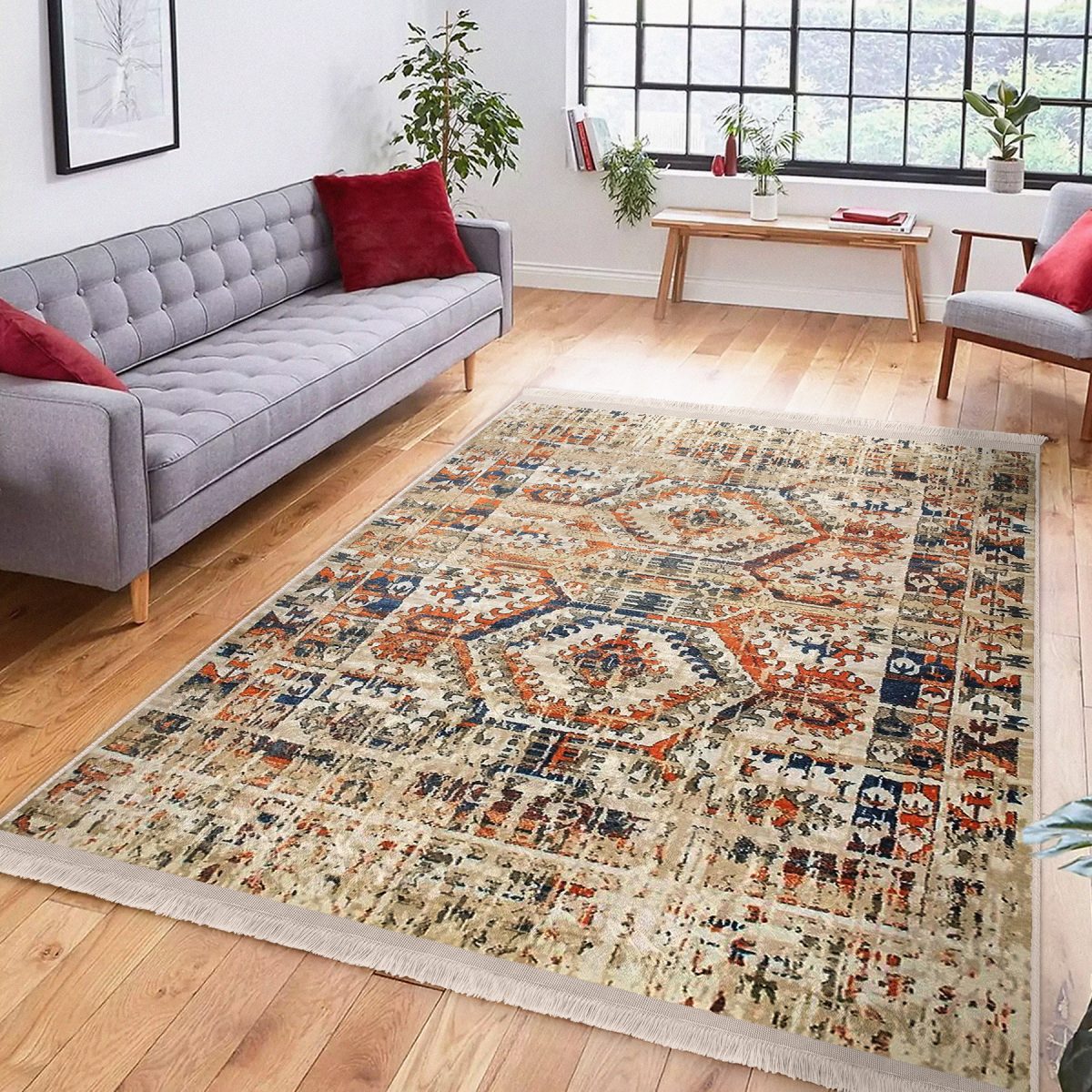 Krem Zeminde Osmanlı Motifli Kilim Desenli Etnik Motifler Eskitme Motifli Salon & Oturma Odası Koridor & Antre Dijital Baskılı Makinede Yıkanabilir Kaymaz Taban Saçaklı Halı Realhomes