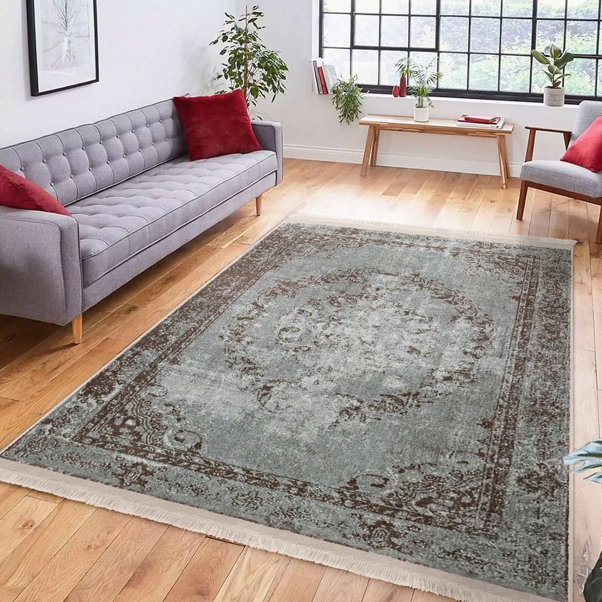 Renkli Zeminde Kilim Motifli Hereke Desenli Avangarde Eskitme Motifli Salon & Oturma Odası Koridor & Antre Dijital Baskılı Makinede Yıkanabilir Kaymaz Taban Saçaklı Halı Realhomes