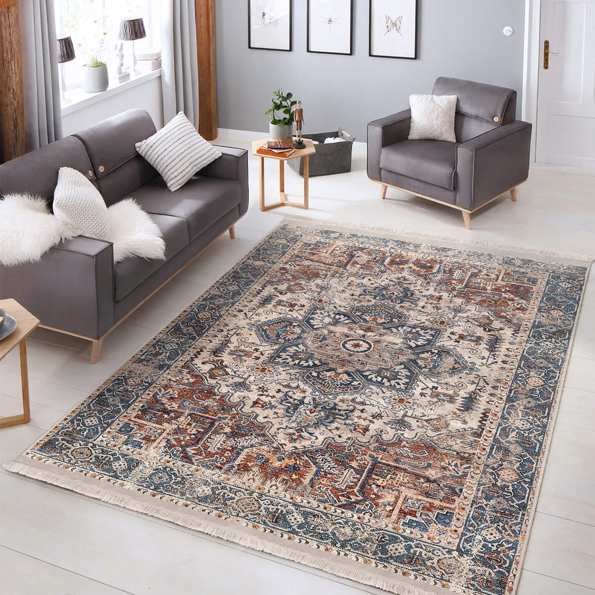 Renkli Zeminde Soyut Motifli Kilim Desenli Eskitme Motifli Avangarde Salon & Oturma Odası Koridor & Antre Dijital Baskılı Makinede Yıkanabilir Kaymaz Taban Saçaklı Halı Realhomes