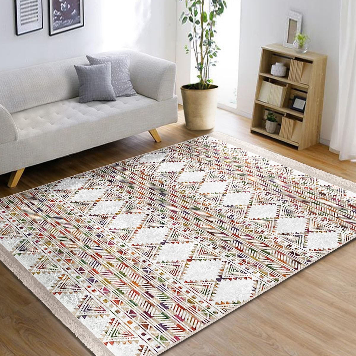 Beyaz Zeminde Etnik Motifli Kilim Desenli Geometrik Etnik Motifler Salon & Oturma Odası Koridor & Antre Dijital Baskılı Makinede Yıkanabilir Kaymaz Taban Saçaklı Halı Realhomes