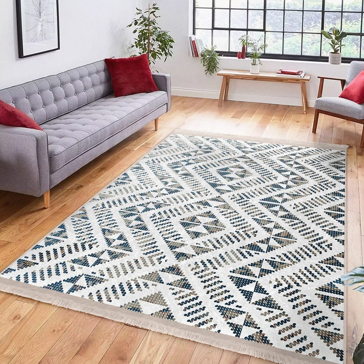 Mavi Zeminde Yöresel Motifli Kilim Desenli Geometrik Etnik Motifler Salon & Oturma Odası Koridor & Antre Dijital Baskılı Makinede Yıkanabilir Kaymaz Taban Saçaklı Halı Realhomes