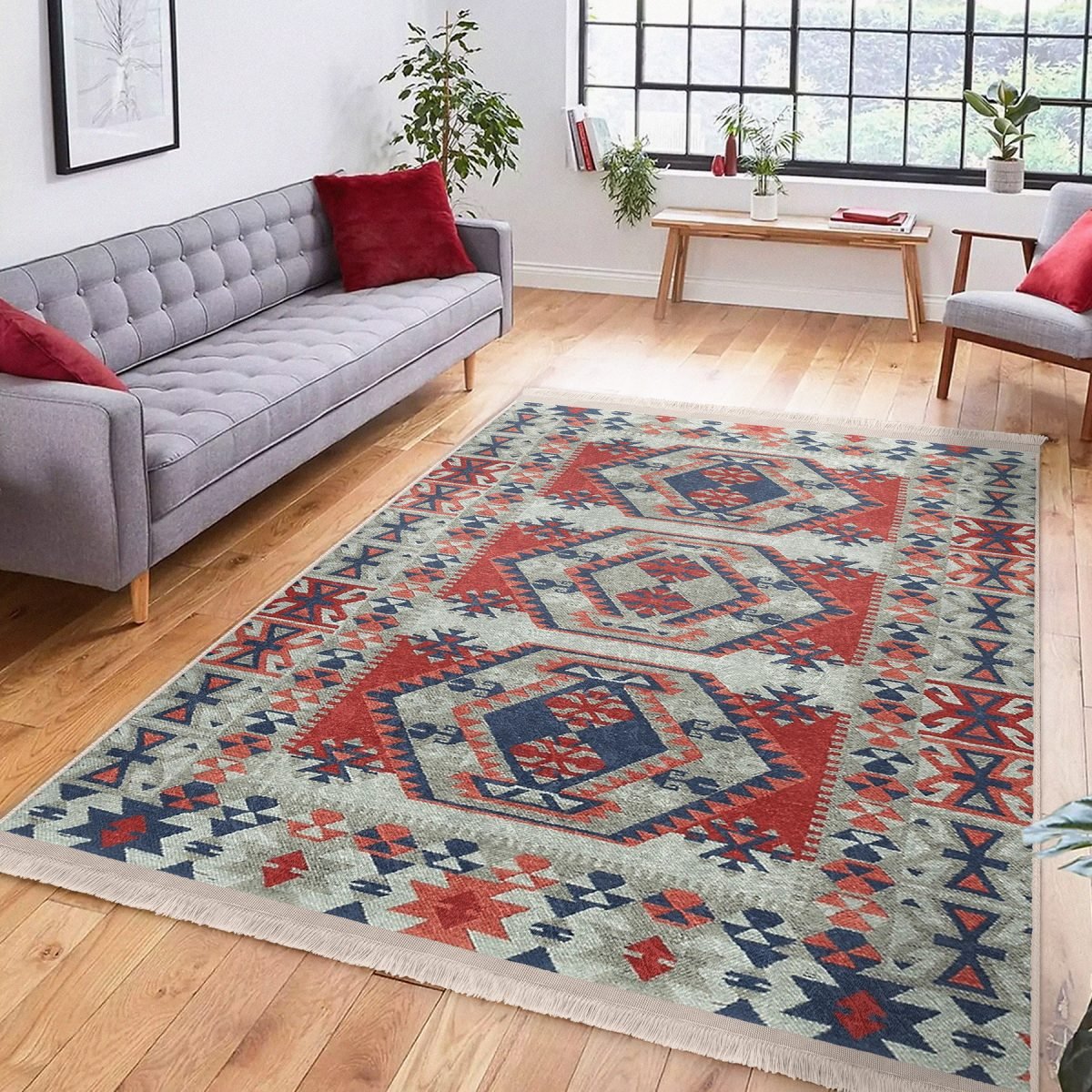 Kırmızı Zeminde Kilim Motifli Geleneksel Desenli Avangarde Etnik Motifler Salon & Oturma Odası Yatak Odası Dijital Baskılı Makinede Yıkanabilir Kaymaz Taban Saçaklı Halı Realhomes