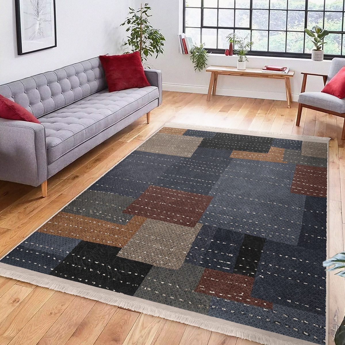 Çok Renkli Zeminde Dokuma Halı Motifli Patchwork Desenli Geometrik Sade & Şık Koridor & Antre Banyo Dijital Baskılı Makinede Yıkanabilir Kaymaz Taban Saçaklı Halı Realhomes