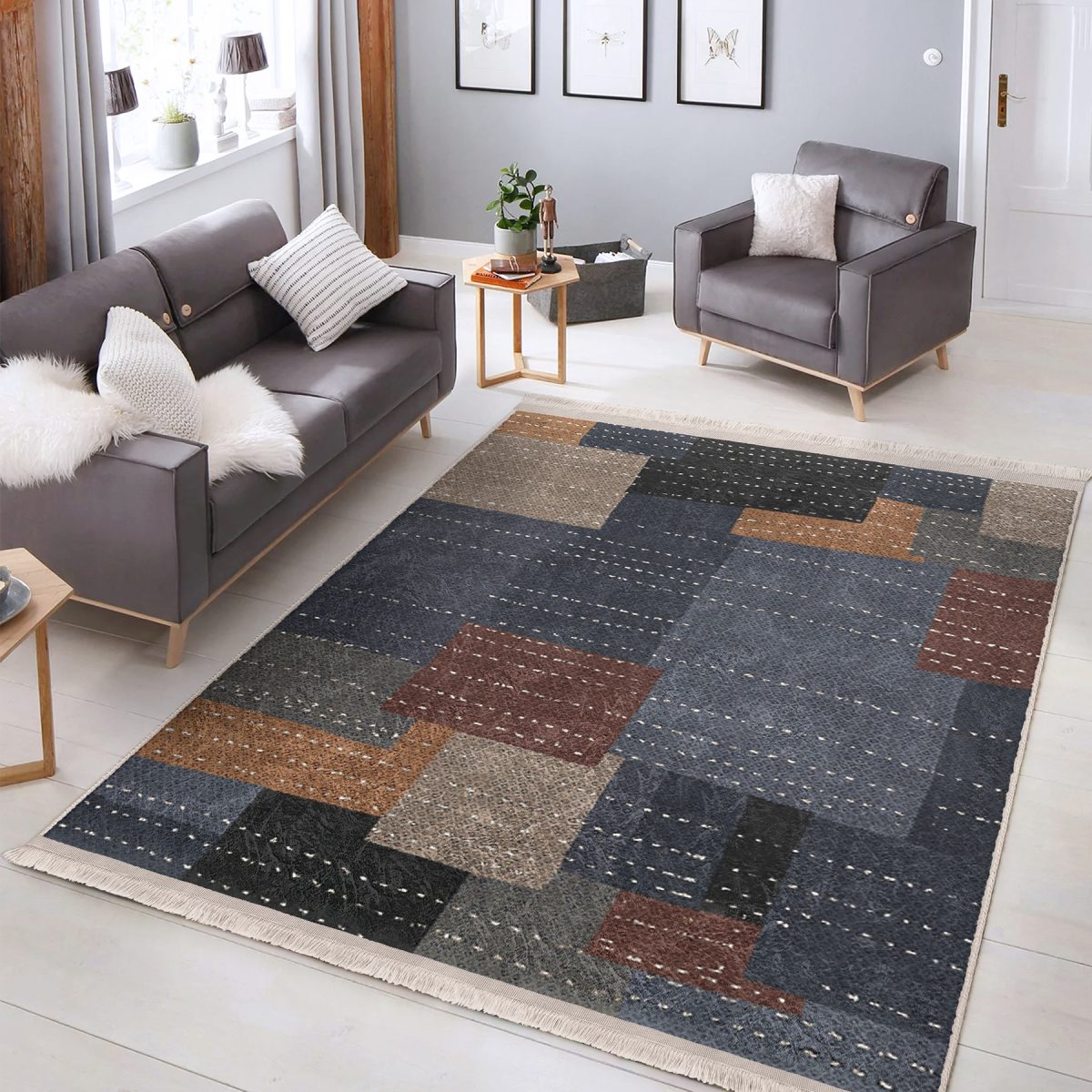 Çok Renkli Zeminde Dokuma Halı Motifli Patchwork Desenli Geometrik Sade & Şık Koridor & Antre Banyo Dijital Baskılı Makinede Yıkanabilir Kaymaz Taban Saçaklı Halı Realhomes