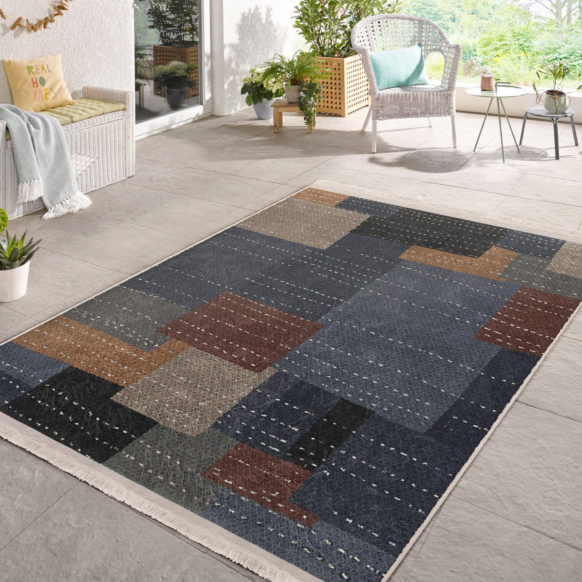 Çok Renkli Zeminde Dokuma Halı Motifli Patchwork Desenli Geometrik Sade & Şık Koridor & Antre Banyo Dijital Baskılı Makinede Yıkanabilir Kaymaz Taban Saçaklı Halı Realhomes