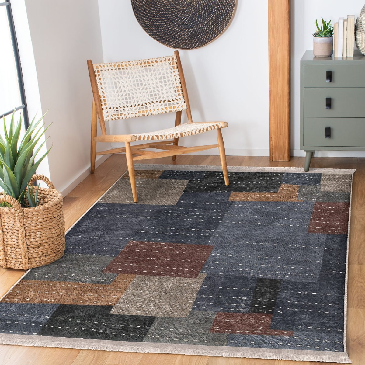 Çok Renkli Zeminde Dokuma Halı Motifli Patchwork Desenli Geometrik Sade & Şık Koridor & Antre Banyo Dijital Baskılı Makinede Yıkanabilir Kaymaz Taban Saçaklı Halı Realhomes