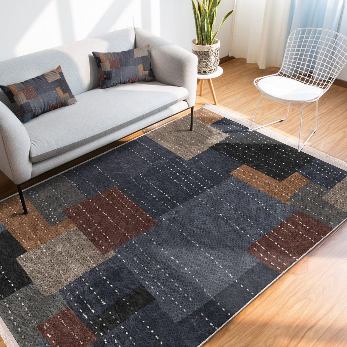 Çok Renkli Zeminde Dokuma Halı Motifli Patchwork Desenli Geometrik Sade & Şık Koridor & Antre Banyo Dijital Baskılı Makinede Yıkanabilir Kaymaz Taban Saçaklı Halı Realhomes