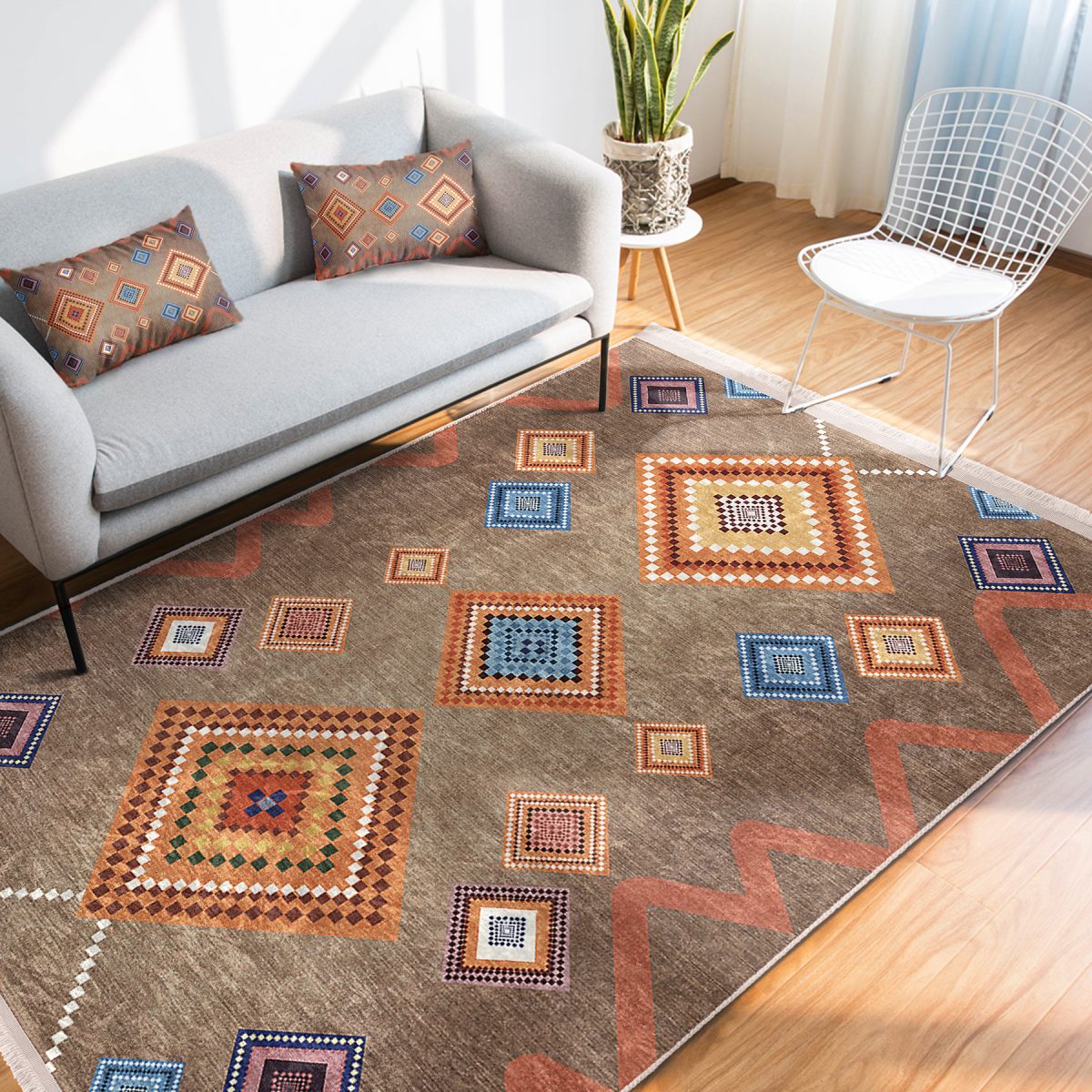 Kahverengi Zeminde Tribal Motifli Kilim Desenli Etnik Motifler Geometrik Koridor & Antre Dış Mekan & Outdoor Dijital Baskılı Makinede Yıkanabilir Kaymaz Taban Saçaklı Halı Realhomes