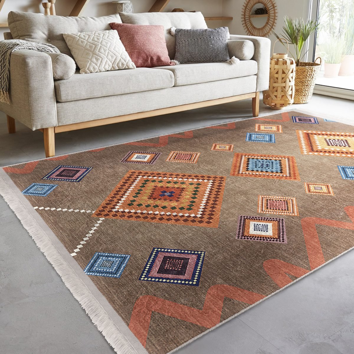 Kahverengi Zeminde Tribal Motifli Kilim Desenli Etnik Motifler Geometrik Koridor & Antre Dış Mekan & Outdoor Dijital Baskılı Makinede Yıkanabilir Kaymaz Taban Saçaklı Halı Realhomes