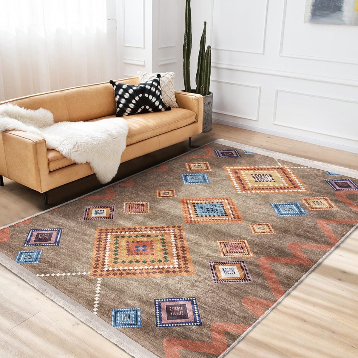 Kahverengi Zeminde Tribal Motifli Kilim Desenli Etnik Motifler Geometrik Koridor & Antre Dış Mekan & Outdoor Dijital Baskılı Makinede Yıkanabilir Kaymaz Taban Saçaklı Halı Realhomes