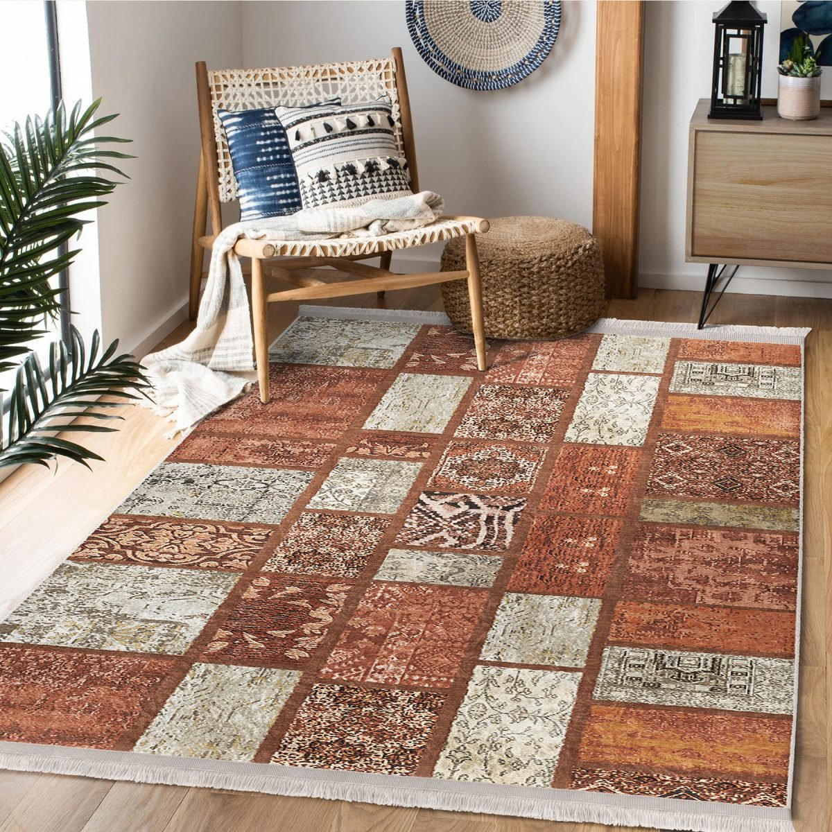 Kahverengi Zeminde Patchwork Motifli Geleneksel Desenli Vintage Vintage Koridor & Antre Yatak Odası Dijital Baskılı Makinede Yıkanabilir Kaymaz Taban Saçaklı Halı Realhomes