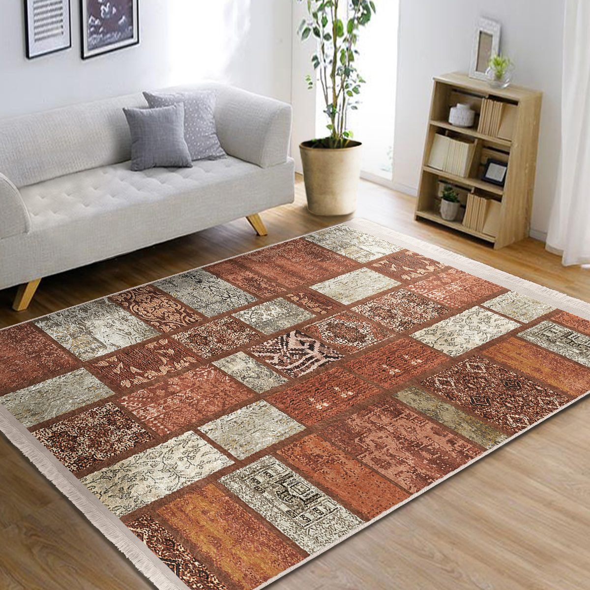 Kahverengi Zeminde Patchwork Motifli Geleneksel Desenli Vintage Vintage Koridor & Antre Yatak Odası Dijital Baskılı Makinede Yıkanabilir Kaymaz Taban Saçaklı Halı Realhomes