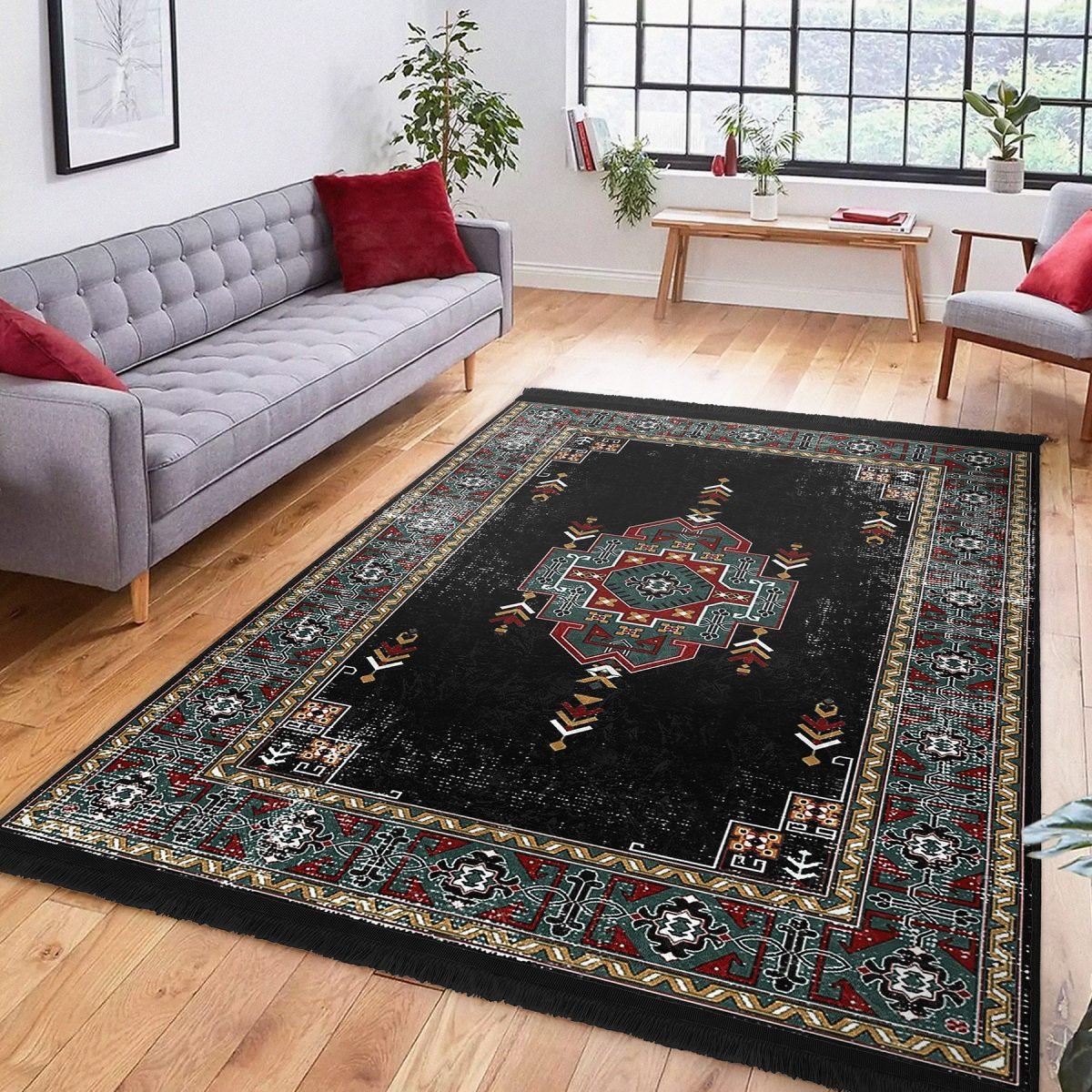 Siyah Zeminde Kilim Motifli Geleneksel Desenli Etnik Motifler Avangarde Salon & Oturma Odası Yatak Odası Dijital Baskılı Makinede Yıkanabilir Kaymaz Taban Saçaklı Halı Realhomes