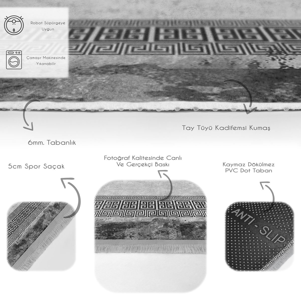 Gri - Siyah Zeminde Çerçeveli Motifli Antik Desenli Geometrik Eskitme Motifli Salon & Oturma Odası Yatak Odası Dijital Baskılı Makinede Yıkanabilir Kaymaz Taban Saçaklı Halı Realhomes