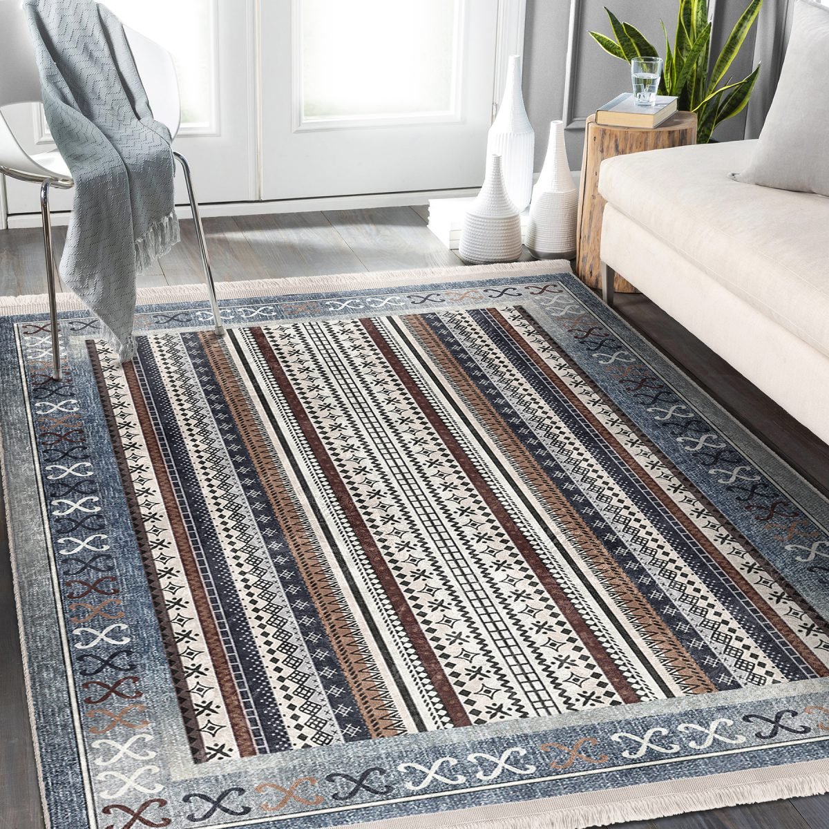 Mavi Zeminde Kilim Motifli Hereke Desenli Etnik Motifler Avangarde Salon & Oturma Odası Yatak Odası Dijital Baskılı Makinede Yıkanabilir Kaymaz Taban Saçaklı Halı Realhomes