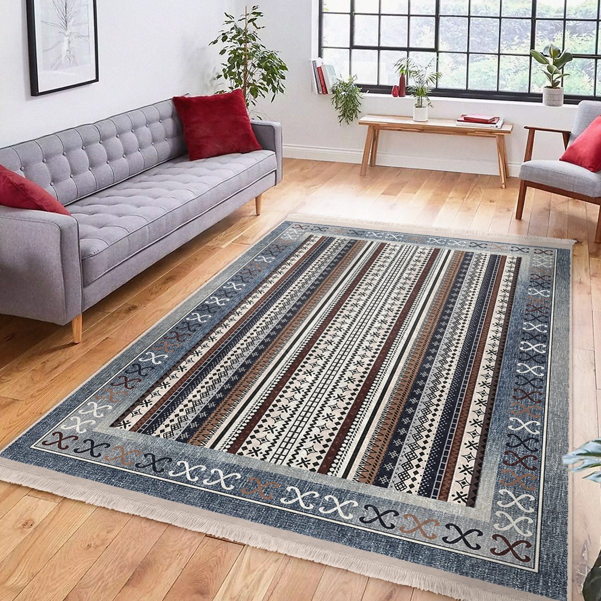 Mavi Zeminde Kilim Motifli Hereke Desenli Etnik Motifler Avangarde Salon & Oturma Odası Yatak Odası Dijital Baskılı Makinede Yıkanabilir Kaymaz Taban Saçaklı Halı Realhomes