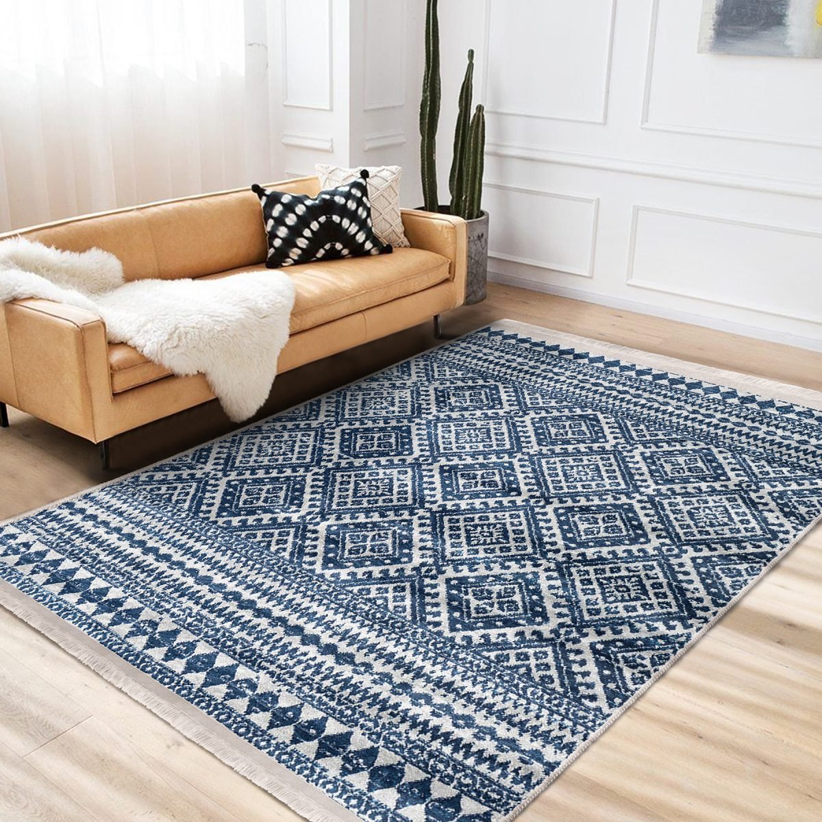 Lacivert Zeminde Geleneksel Motifli Kilim Desenli Geometrik Etnik Motifler Koridor & Antre Salon & Oturma Odası Dijital Baskılı Makinede Yıkanabilir Kaymaz Taban Saçaklı Halı Realhomes