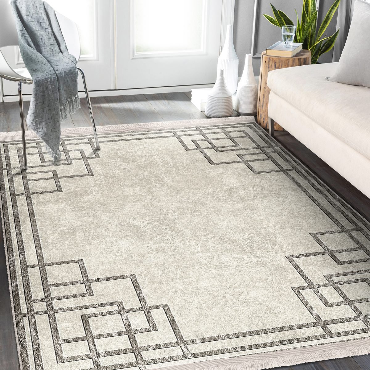 Krem Zeminde Kilim Motifli Çerçeve Desenli Geometrik Klasik Salon & Oturma Odası Yatak Odası Dijital Baskılı Makinede Yıkanabilir Kaymaz Taban Saçaklı Halı Realhomes