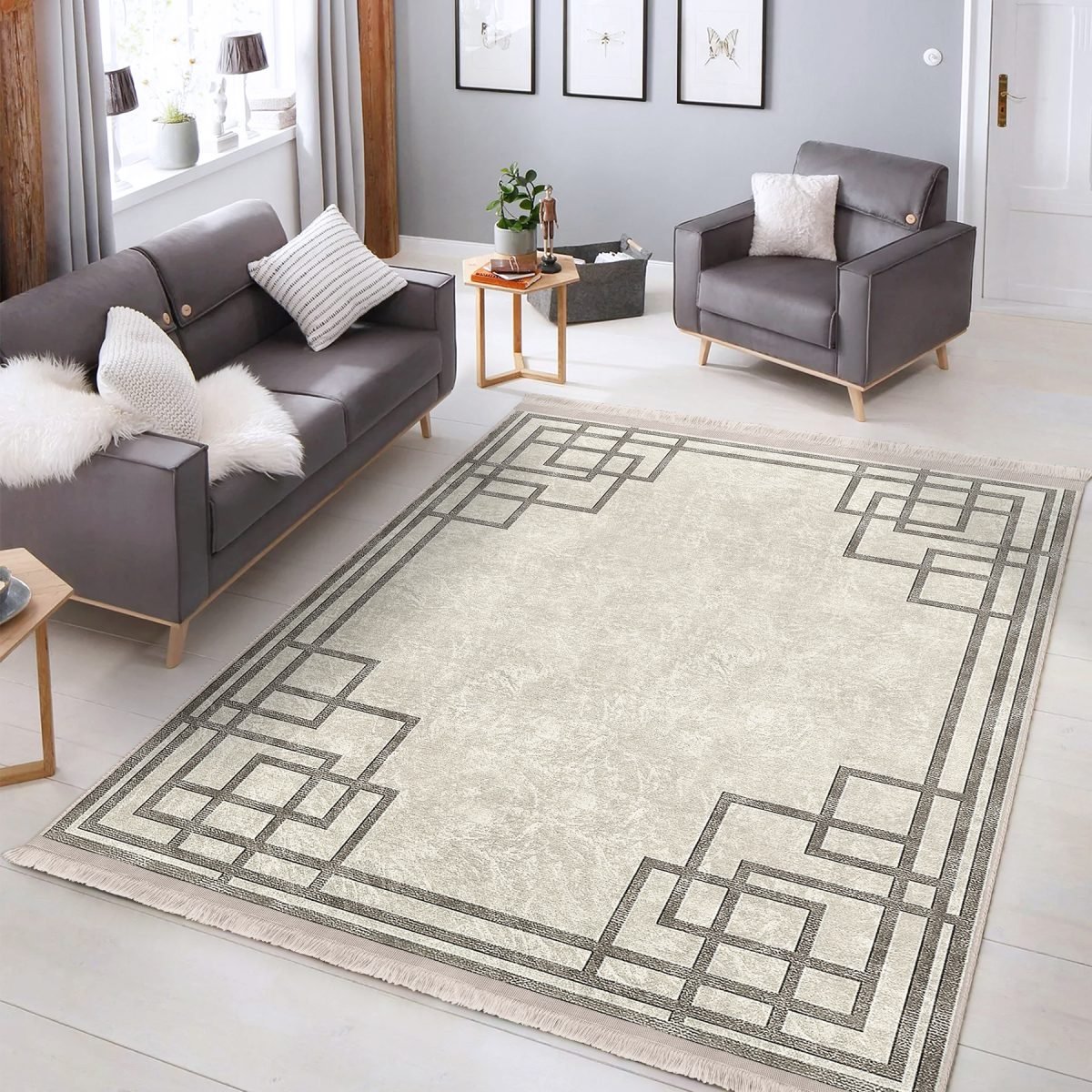 Krem Zeminde Kilim Motifli Çerçeve Desenli Geometrik Klasik Salon & Oturma Odası Yatak Odası Dijital Baskılı Makinede Yıkanabilir Kaymaz Taban Saçaklı Halı Realhomes