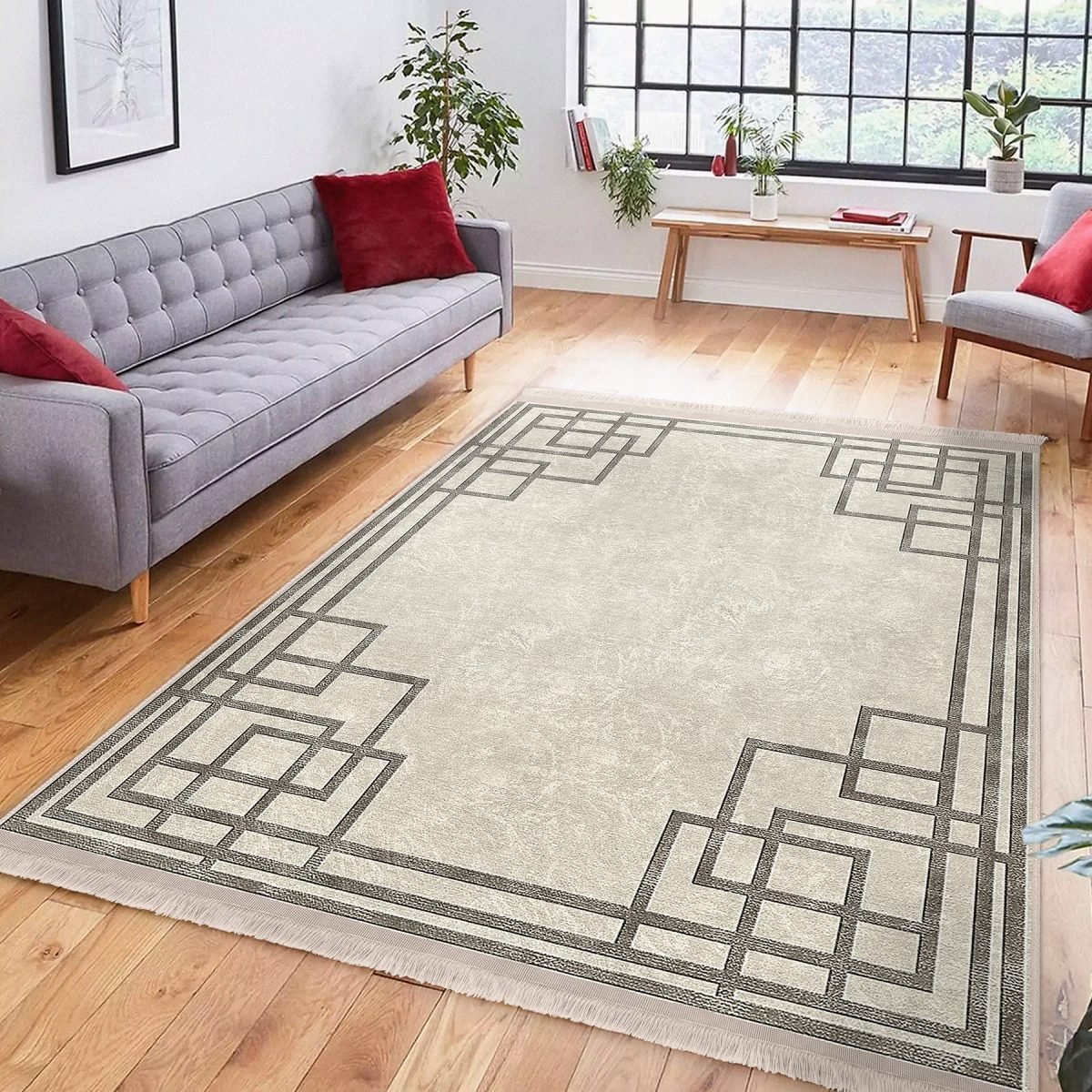 Krem Zeminde Kilim Motifli Çerçeve Desenli Geometrik Klasik Salon & Oturma Odası Yatak Odası Dijital Baskılı Makinede Yıkanabilir Kaymaz Taban Saçaklı Halı Realhomes