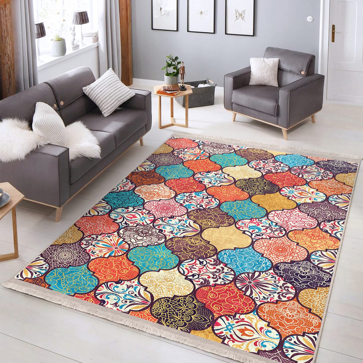 Çok Renkli Zeminde Patchwork Motifli Geleneksel Desenli Geometrik Klasik Salon & Oturma Odası Mutfak Dijital Baskılı Makinede Yıkanabilir Kaymaz Taban Saçaklı Halı Realhomes