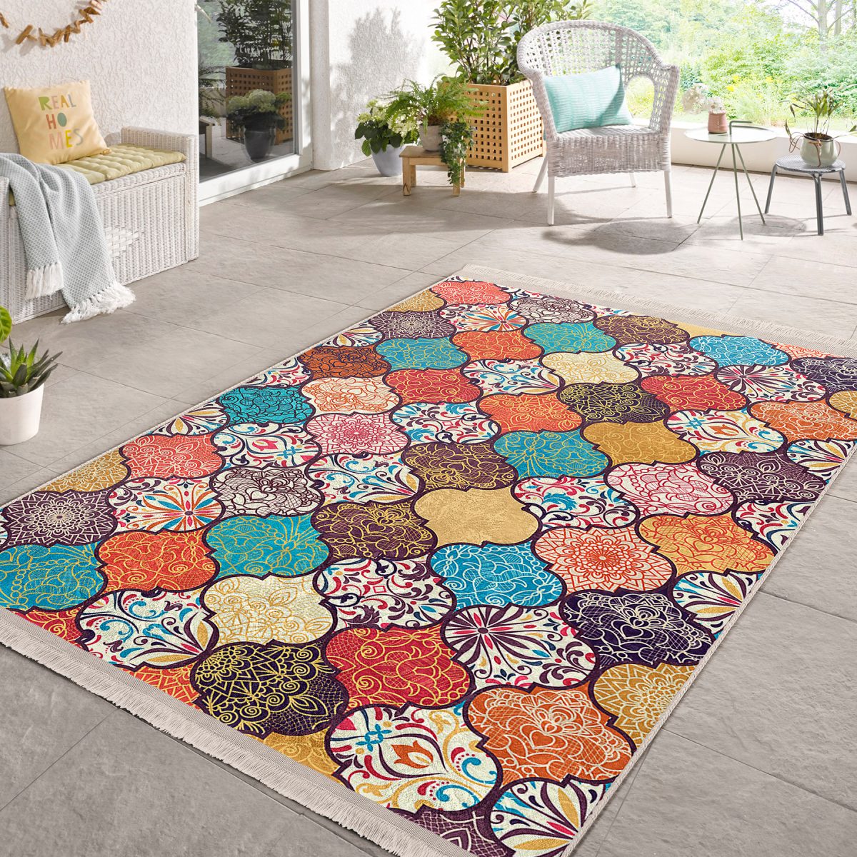 Çok Renkli Zeminde Patchwork Motifli Geleneksel Desenli Geometrik Klasik Salon & Oturma Odası Mutfak Dijital Baskılı Makinede Yıkanabilir Kaymaz Taban Saçaklı Halı Realhomes