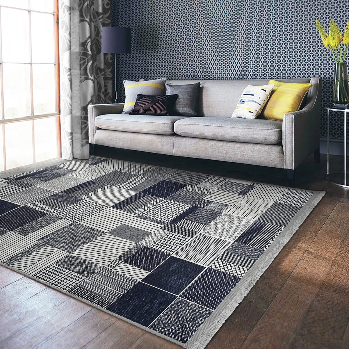 Lacivert Zeminde Geometrik Motifli Patchwork Desenli Geometrik Sade & Şık Salon & Oturma Odası Koridor & Antre Dijital Baskılı Makinede Yıkanabilir Kaymaz Taban Saçaklı Halı Realhomes