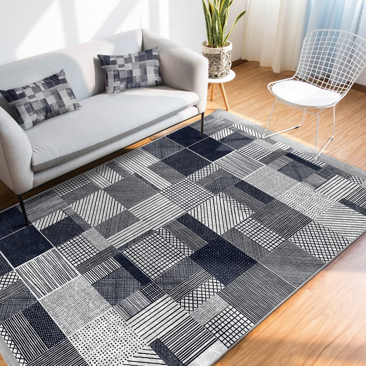 Lacivert Zeminde Geometrik Motifli Patchwork Desenli Geometrik Sade & Şık Salon & Oturma Odası Koridor & Antre Dijital Baskılı Makinede Yıkanabilir Kaymaz Taban Saçaklı Halı Realhomes