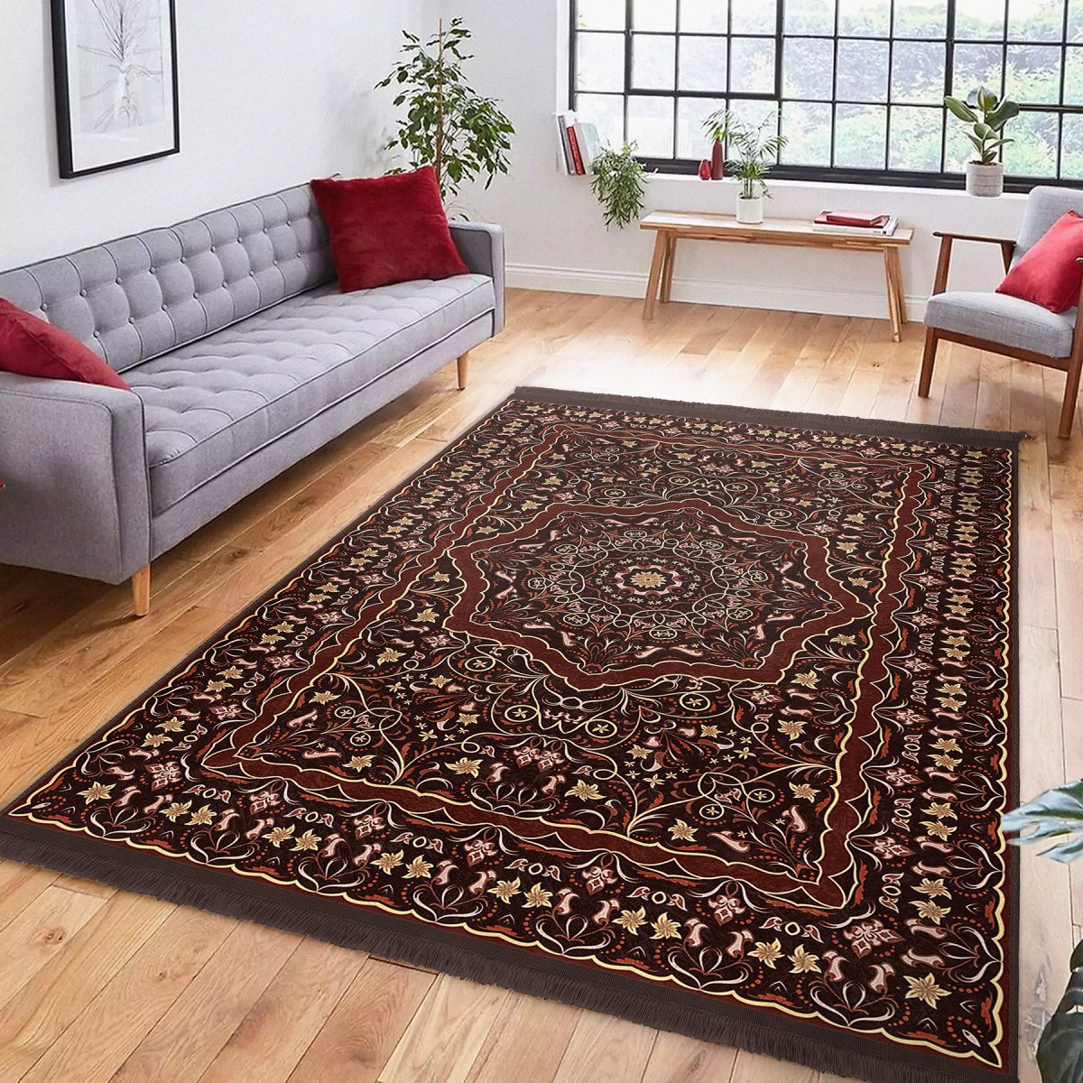 Kahverengi Zeminde Pers Motifli Kilim Desenli Vintage Avangarde Salon & Oturma Odası Dış Mekan & Outdoor Dijital Baskılı Makinede Yıkanabilir Kaymaz Taban Saçaklı Halı Realhomes