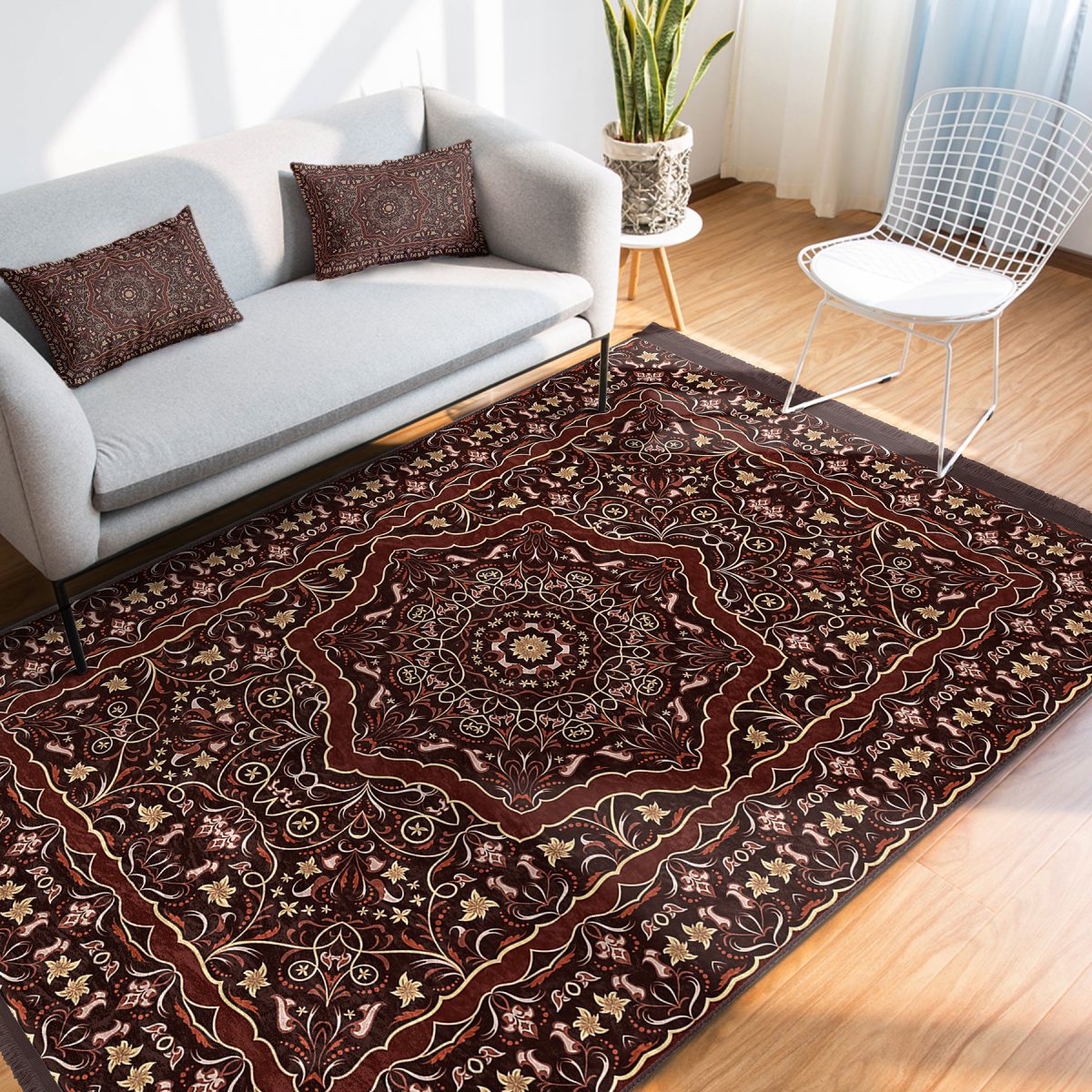 Kahverengi Zeminde Pers Motifli Kilim Desenli Vintage Avangarde Salon & Oturma Odası Dış Mekan & Outdoor Dijital Baskılı Makinede Yıkanabilir Kaymaz Taban Saçaklı Halı Realhomes