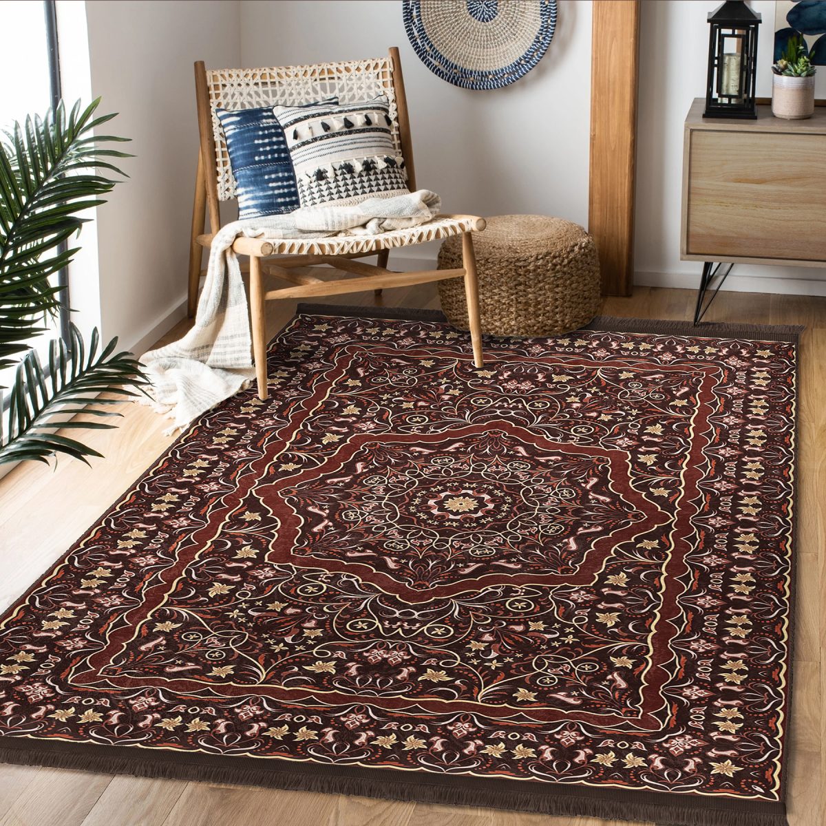 Kahverengi Zeminde Pers Motifli Kilim Desenli Vintage Avangarde Salon & Oturma Odası Dış Mekan & Outdoor Dijital Baskılı Makinede Yıkanabilir Kaymaz Taban Saçaklı Halı Realhomes