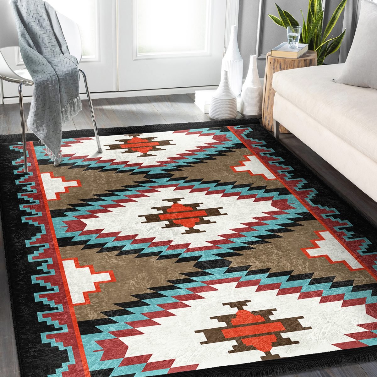 Krem - Ekru Zeminde Kilim Motifli Geleneksel Desenli Geometrik Etnik Motifler Dış Mekan & Outdoor Koridor & Antre Dijital Baskılı Makinede Yıkanabilir Kaymaz Taban Saçaklı Halı Realhomes