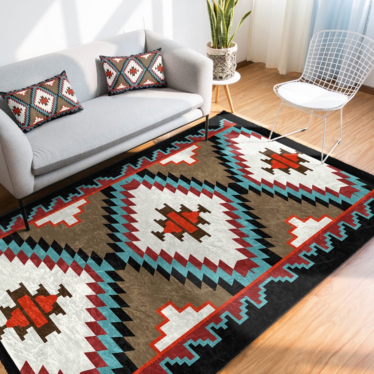 Krem - Ekru Zeminde Kilim Motifli Geleneksel Desenli Geometrik Etnik Motifler Dış Mekan & Outdoor Koridor & Antre Dijital Baskılı Makinede Yıkanabilir Kaymaz Taban Saçaklı Halı Realhomes