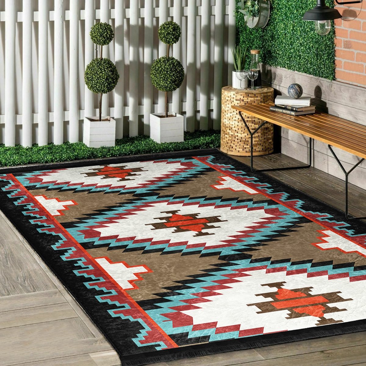 Krem - Ekru Zeminde Kilim Motifli Geleneksel Desenli Geometrik Etnik Motifler Dış Mekan & Outdoor Koridor & Antre Dijital Baskılı Makinede Yıkanabilir Kaymaz Taban Saçaklı Halı Realhomes