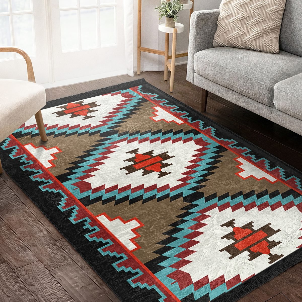 Krem - Ekru Zeminde Kilim Motifli Geleneksel Desenli Geometrik Etnik Motifler Dış Mekan & Outdoor Koridor & Antre Dijital Baskılı Makinede Yıkanabilir Kaymaz Taban Saçaklı Halı Realhomes