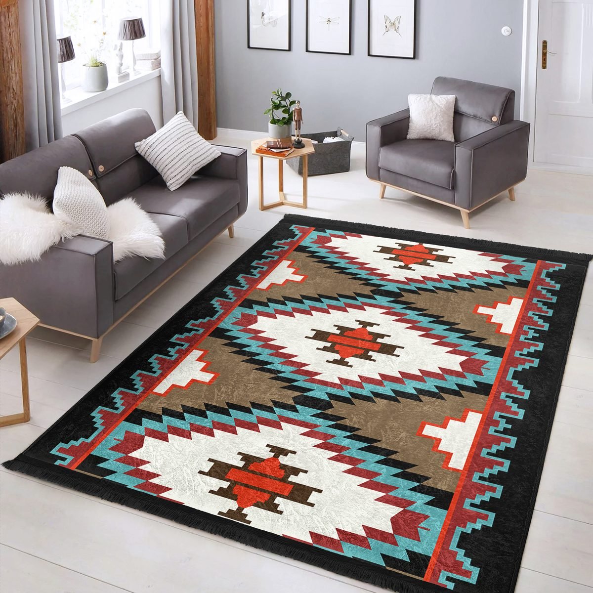 Krem - Ekru Zeminde Kilim Motifli Geleneksel Desenli Geometrik Etnik Motifler Dış Mekan & Outdoor Koridor & Antre Dijital Baskılı Makinede Yıkanabilir Kaymaz Taban Saçaklı Halı Realhomes